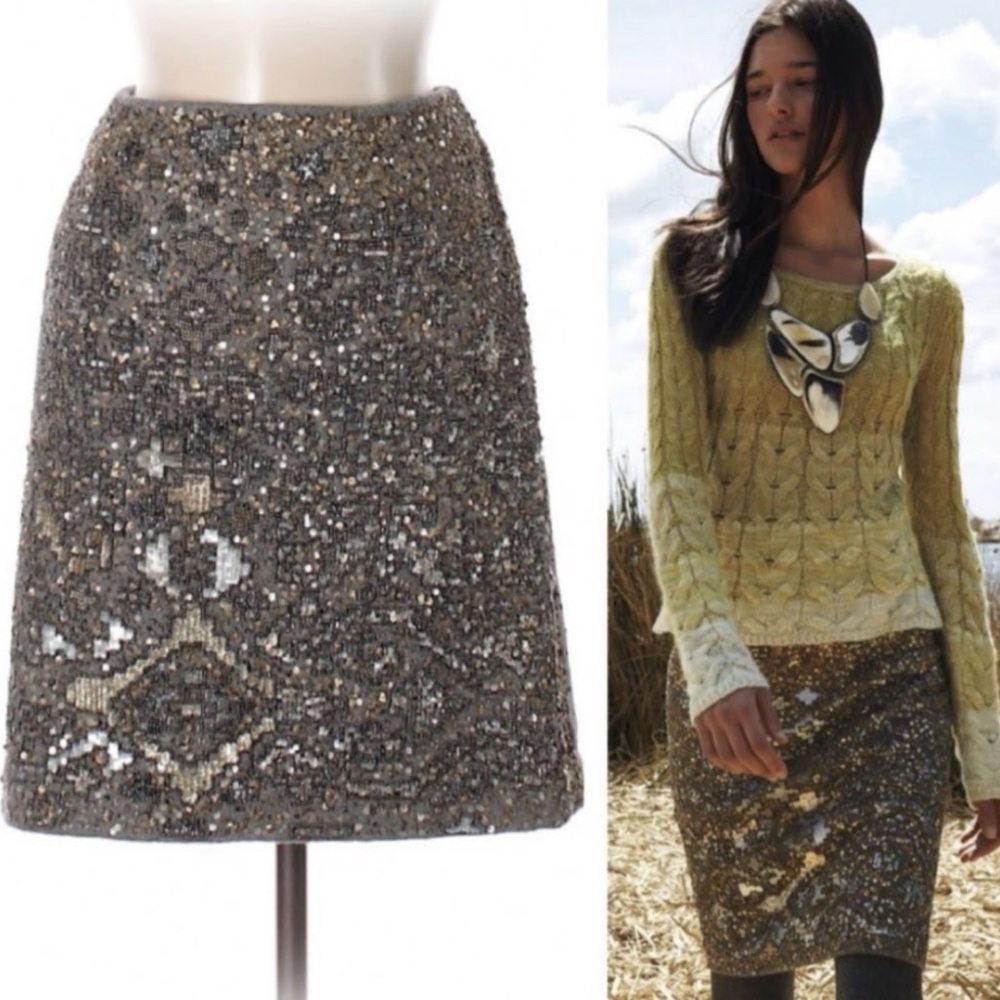 $298 Anthropologie MOULINETTE SOEURS wool Beaded Felt Pencil Skirt Size 6